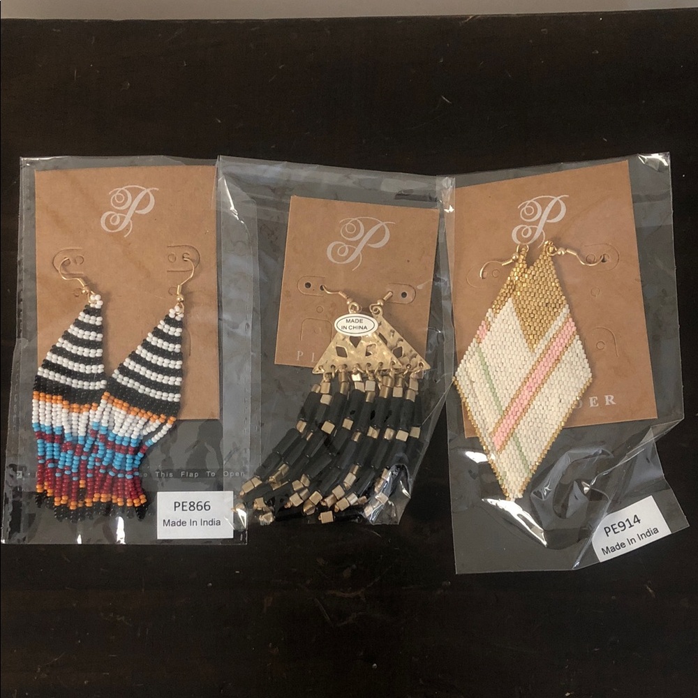 Plunder Multicolor Beaded Fringe Earrings - Striped Teal & Black